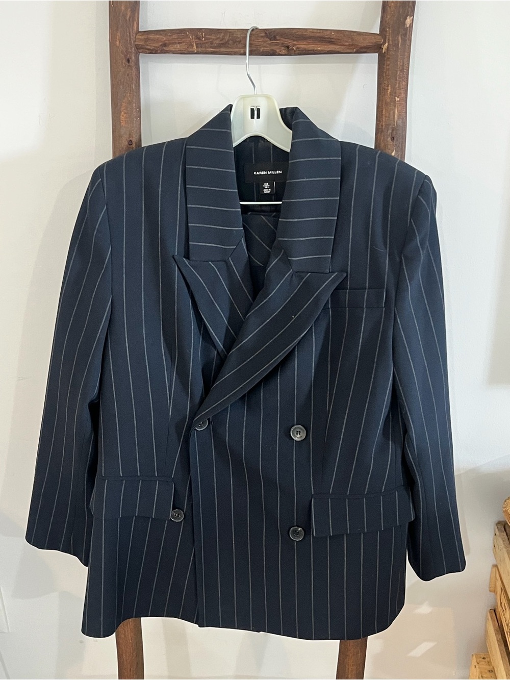 Karen Millen Navy Pinstripe Double-Breasted Suit Jacket